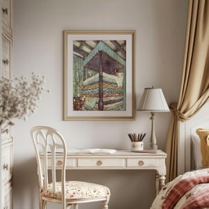 Vintage Whimsical Art Print: Woman Sleeping On Stacked Pillow Tops, Cozy Bedroom Painting, Above Bed Decor, Cottagecore Wall Art image 3