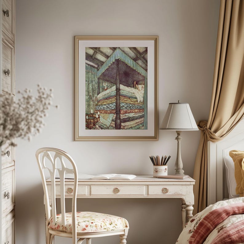 Vintage Whimsical Art Print: Woman Sleeping On Stacked Pillow Tops, Cozy Bedroom Painting, Above Bed Decor, Cottagecore Wall Art image 3