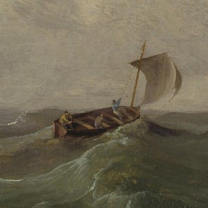 May include: An oil painting depicts a small sailboat navigating choppy, green ocean waves under a cloudy sky. Three figures are visible in the boat, with one person holding the sail. The artwork evokes a sense of struggle and the power of nature.