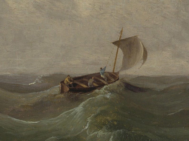 May include: An oil painting depicts a small sailboat navigating choppy, green ocean waves under a cloudy sky. Three figures are visible in the boat, with one person holding the sail. The artwork evokes a sense of struggle and the power of nature.