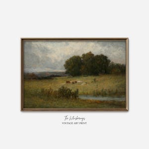 Moody Landscape Painting Art Print: Cows Grazing By Creek, Rustic Farmhouse Wall Art