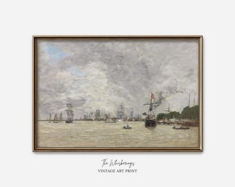 Vintage Seascape Art Print: Sailboats & Tall Ships At Port, Nautical Painting, Maritime Wall Decor