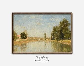 Vintage French Country Landscape Art Print: Marne River Painting