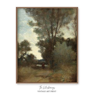 May include: Vintage art print of a landscape scene with a path leading into the distance. The artwork features a color palette of greens, browns, and blues, with trees and foliage dominating the composition. The text "The Whisberings" and "VINTAGE ART PRINT" is at the bottom.