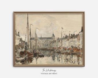 Vintage Harbor Art Print: Sailboats At Port, Antique Watercolor Sketch, Nautical Cityscape