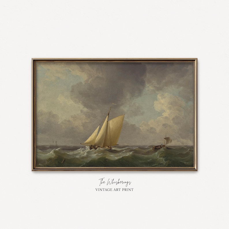 Vintage Nautical Art Print: 1700s Antique Painting, Stormy Sailing Maritime Wall Decor image 1