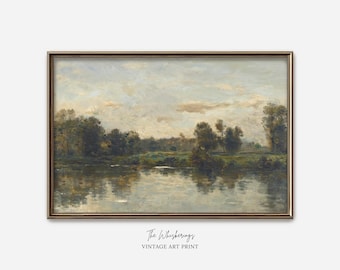 Vintage Landscape Art Print: French Countryside Painting, River Landscape Wall Art, Farmhouse Decor, Large Print