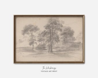 Vintage Trees Sketch Art Print: Neutral Wall Art, Modern Farmhouse Decor