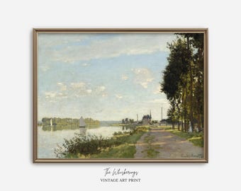 French Countryside Art Print: Vintage River Landscape Painting, Victorian Decor