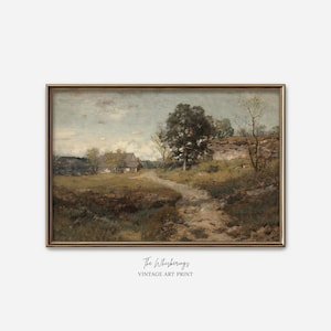 Cottage Landscape Art Print: Antique Countryside Painting, Rustic Farmhouse Vintage Wall Art Bild 1
