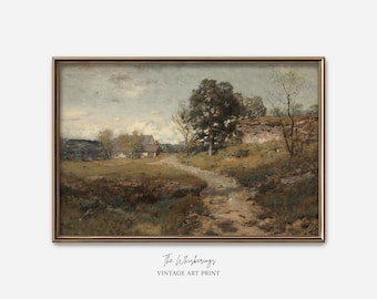Cottage Landscape Art Print: Antique Countryside Painting, Rustic Farmhouse Vintage Wall Art