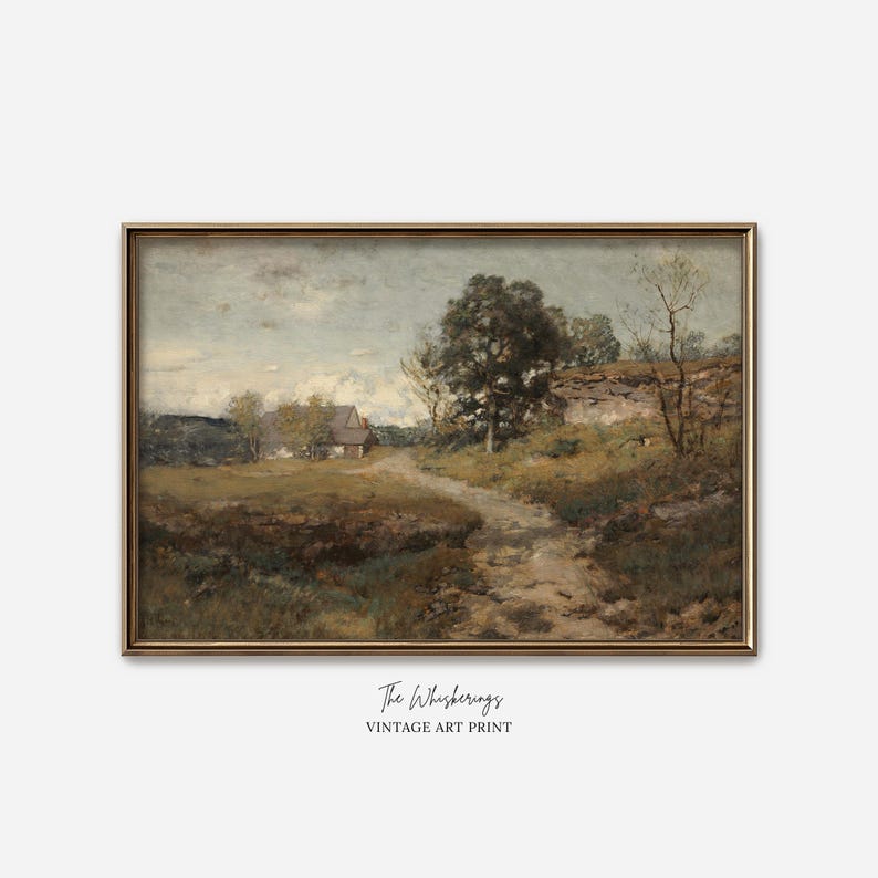 Cottage Landscape Art Print: Antique Countryside Painting, Rustic Farmhouse Vintage Wall Art Bild 1