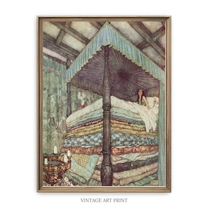 Vintage Whimsical Art Print: Woman Sleeping On Stacked Pillow Tops, Cozy Bedroom Painting, Above Bed Decor, Cottagecore Wall Art