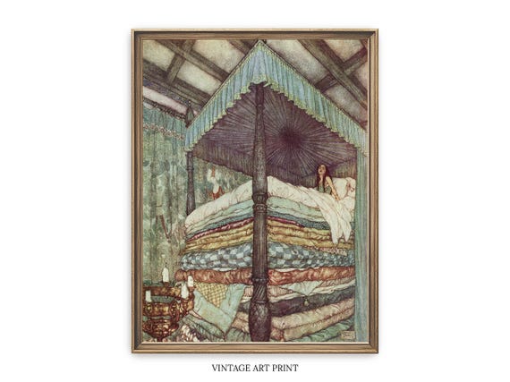 Vintage Whimsical Art Print: Woman Sleeping On Stacked Pillow Tops, Cozy Bedroom Painting, Above Bed Decor, Cottagecore Wall Art