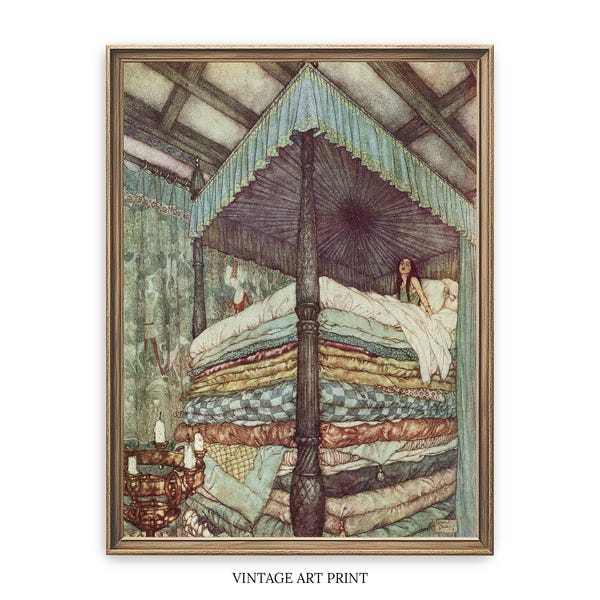 Vintage Whimsical Art Print: Woman Sleeping On Stacked Pillow Tops, Cozy Bedroom Painting, Above Bed Decor, Cottagecore Wall Art