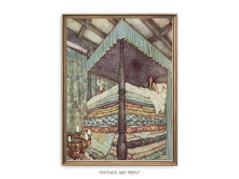 A vintage painting of a woman waking up in a bed that is stacked with pillow tops that go almost to the ceiling. The painting has a whimsical aesthetics with light sage green as the dominant colors mixed with many multicolored pillow tops. The painting is in the vertical orientation, and is framed in a simple light brown wood frame.