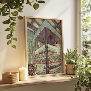 Vintage Whimsical Art Print: Woman Sleeping On Stacked Pillow Tops, Cozy Bedroom Painting, Above Bed Decor, Cottagecore Wall Art image 4