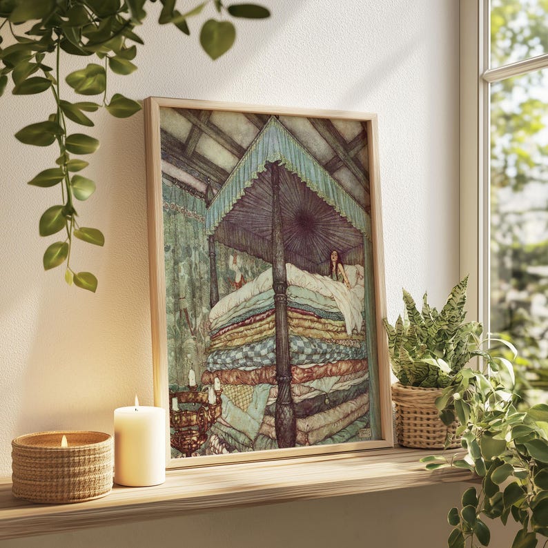 Vintage Whimsical Art Print: Woman Sleeping On Stacked Pillow Tops, Cozy Bedroom Painting, Above Bed Decor, Cottagecore Wall Art image 4