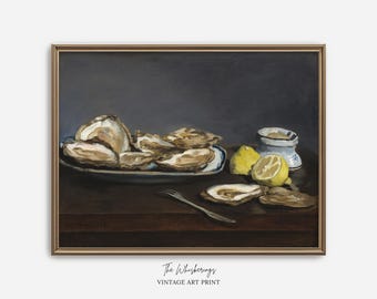 Oysters Art Print: Vintage Kitchen Lemons And Oysters Painting, Restaurant Wall Decor