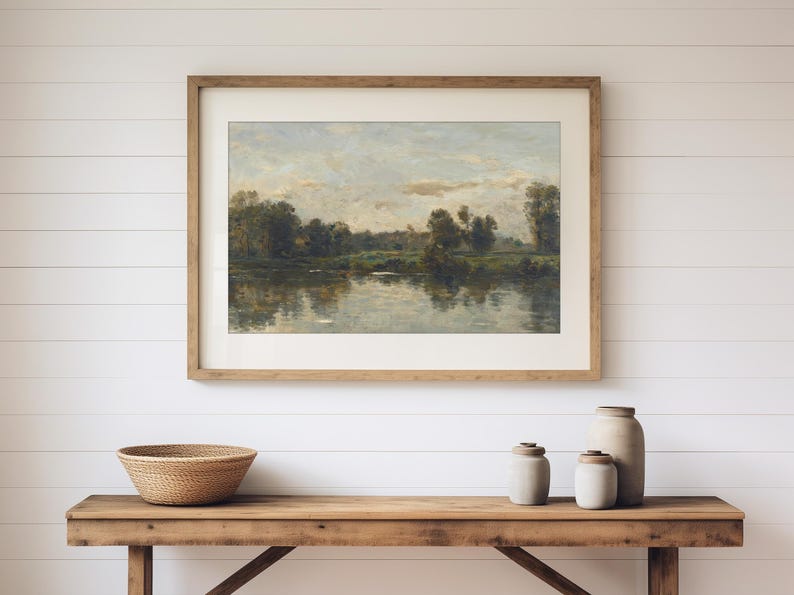 Vintage Landscape Art Print: French Countryside Painting, River Landscape Wall Art, Farmhouse Decor, Large Print image 5