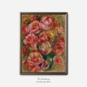 Könnte beinhalten: Ein gerahmter Vintage-Kunstdruck mit einem Strauß rosa und pfirsichfarbener Rosen. Das Gemälde hat einen strukturierten, impressionistischen Stil mit sichtbaren Pinselstrichen. Der Rahmen ist dunkelmetallfarben. Der Text "The Whisperings" und "Vintage Art Print" befindet sich unten.