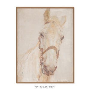 White Horse Art Print: Vintage Equestrian Painting Horse Portrait, Neutral Farmhouse Wall Decor