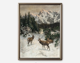 Vintage Winter Stag Art Print: Snowy Mountain Deer Painting, Rustic Cabin Wall Art