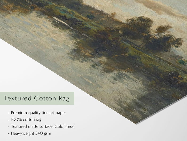 Vintage Landscape Art Print: French Countryside Painting, River Landscape Wall Art, Farmhouse Decor, Large Print Textured Cotton Rag