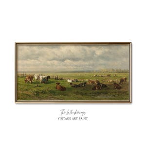 Wide Landscape Art Print: Cows Grazing Painting, Long Narrow Wall Art, Farmhouse Decor