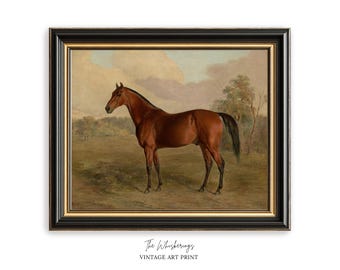 Vintage Horse Painting Print: Chestnut Horse Portrait, Antique Equestrian Oil Painting, Farmhouse Gallery Wall Art