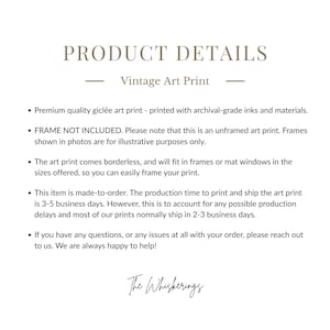 A product details page with the text "PRODUCT DETAILS" and "Vintage Art Print". The text describes the art print is a premium-quality giclèe art print, that frames are not included, the print is borderless, and that the print is made-to-order.