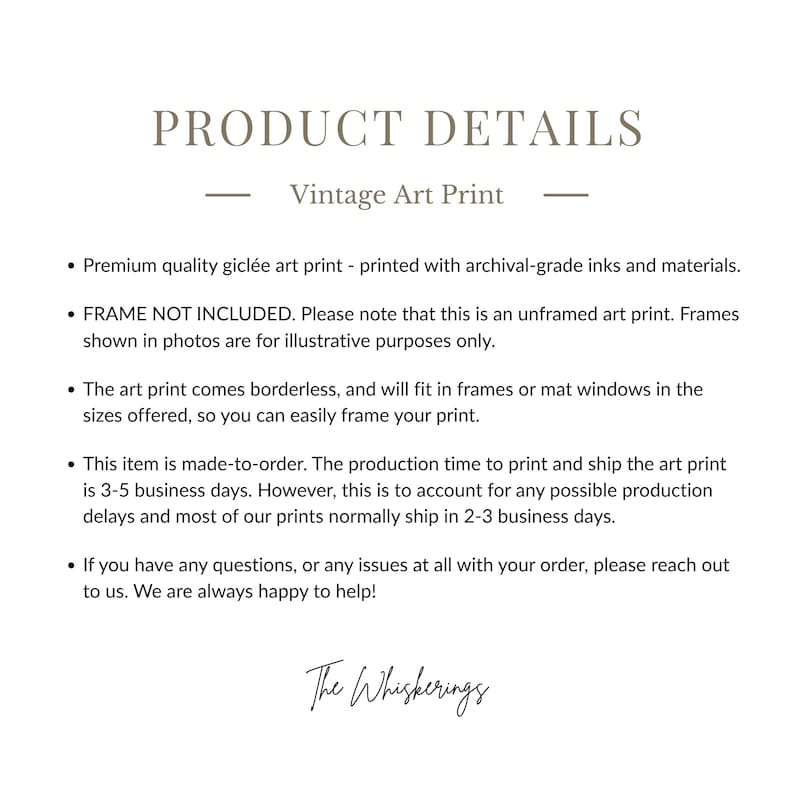 A product details page with the text "PRODUCT DETAILS" and "Vintage Art Print". The text describes the art print is a premium-quality giclèe art print, that frames are not included, the print is borderless, and that the print is made-to-order.
