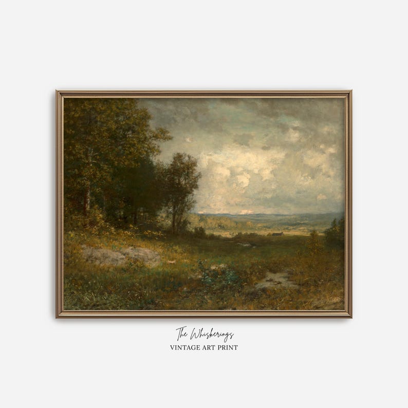 A giclèe art print of an antique oil painting, featuring a moody landscape. The painting shows a field with rolling hills in the distance, trees, and a mix of dark and grey clouds with sunlight peaking through to illuminate parts of the landscape.