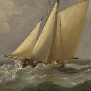 May include: An oil painting depicts a sailboat navigating rough seas. The vessel, with its beige sails billowing, is tossed by large, foamy waves. The sky is overcast, and the overall color palette is muted with shades of gray, beige, and green.