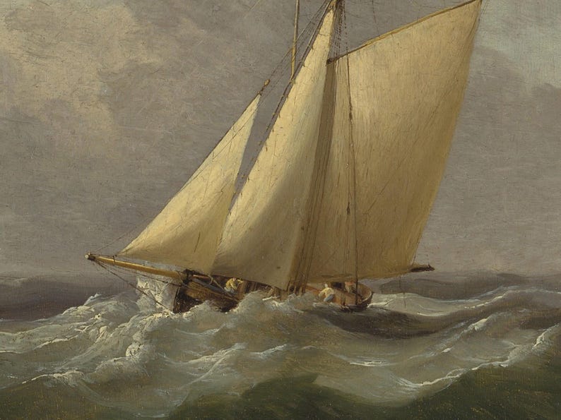 May include: An oil painting depicts a sailboat navigating rough seas. The vessel, with its beige sails billowing, is tossed by large, foamy waves. The sky is overcast, and the overall color palette is muted with shades of gray, beige, and green.