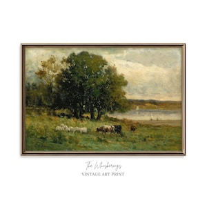 Cows Landscape Art Print: Cows Grazing Along The Waterside, Farmhouse Antique Oil Painting