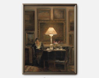 Vintage Portrait Print: Woman Reading Book Painting, Cozy Wall Art