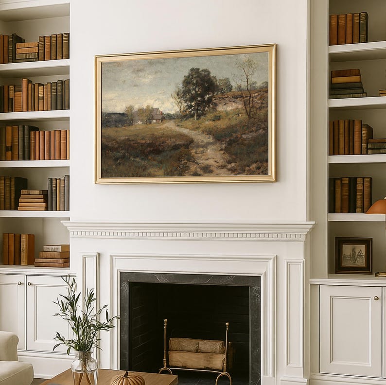 Cottage Landscape Art Print: Antique Countryside Painting, Rustic Farmhouse Vintage Wall Art Bild 2