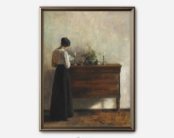 Bookish Wall Art: Vintage Print Of Woman Reading A Book, Antique Oil Painting, Moody Reading Nook Decor