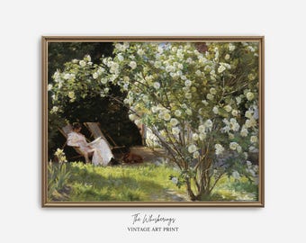 Bookish Decor: Vintage Print Of Woman Reading Under White Rose Tree, Reading Nook Wall Art