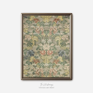 May include: A framed vintage art print featuring a floral pattern in shades of green, red, yellow, and blue. The artwork has a distressed, aged appearance. The frame is a dark brown color. The text "The Whisperings" and "VINTAGE ART PRINT" are at the bottom.