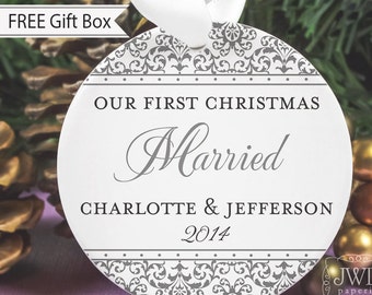 Our First Christmas Married Ornament Wedding Gift Personalized Christmas Ornament Bridal Shower Gift Mr Mrs Ornament- Jazzy Damask -#OR1722