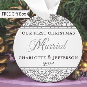 Our First Christmas Married Ornament Wedding Gift Personalized Christmas Ornament Bridal Shower Gift Mr Mrs Ornament Jazzy Damask OR1722 image 1