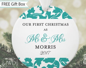 Mr and Mrs Wedding Ornament Our First Christmas Ornament Personalized Wedding Gift - Valencia Pattern