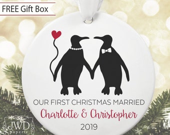 Personalized First Christmas Married Ornament - Custom First Christmas as Mr. & Mrs. Keepsake - Penguin Couple with Heart Balloon