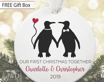 Personalized First Christmas Together Ornament - Personalized First Christmas Ornament - Kissing Penguin Couple with Heart Balloon