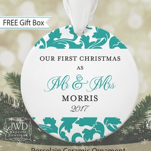 Mr and Mrs Wedding Ornament Our First Christmas Ornament Personalized Wedding Gift - Valencia Pattern