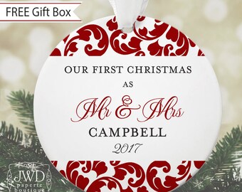 Our First Christmas Mr and Mrs Wedding Ornament Personalized Wedding Gift for Couple - Kirkland Pattern - Item#OR1710