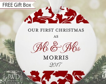 Our First Christmas Mr and Mrs Ornament Personalized Wedding Holiday Ornament- Valencia Pattern Custom Color - Item# OR1711