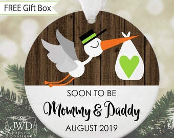 Parents to Be Christmas Ornament Expecting Parents Gift Soon to Be Mommy and Daddy Stork Baby Ornament Faux Wood #OR36MG